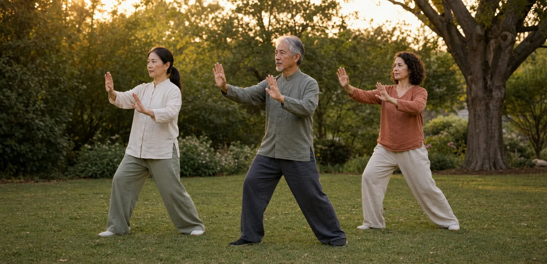 Three adults practicing Tai Chi together in a leafy park at sunset